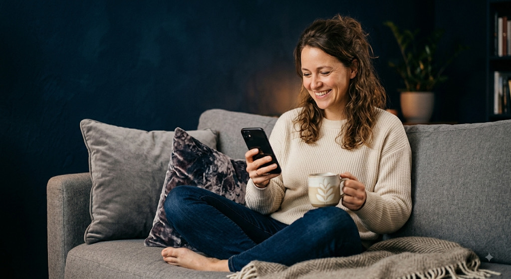 Frau sitzt entspannt mit Kaffeetasse auf dem Sofa und vergleicht auf dem Smartphone Anbieter für ihr Altersvorsorgedepot