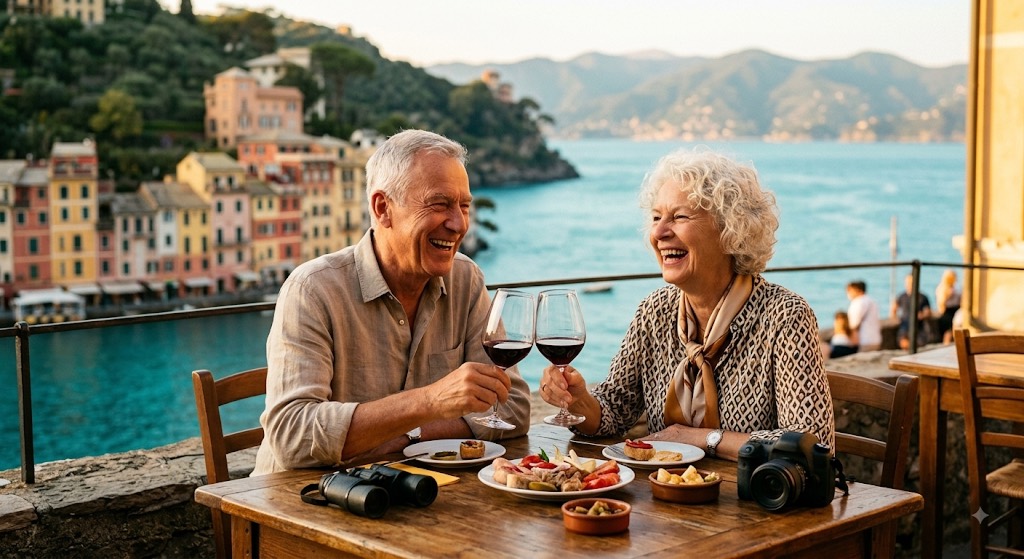 Älteres Ehepaar stößt im Urlaub an einer Hafenpromenade mit Wein an — finanziert aus der Auszahlphase des Altersvorsorgedepots