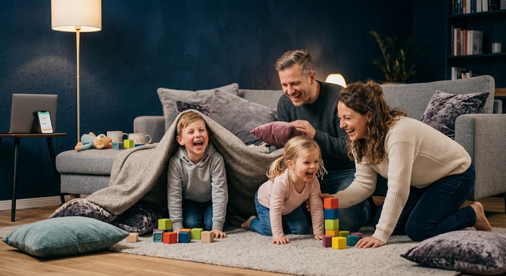 Eltern spielen abends mit ihren beiden Kindern im Wohnzimmer — für jedes Kind zahlt der Staat bis zu 300 € Kinderzulage ins Altersvorsorgedepot